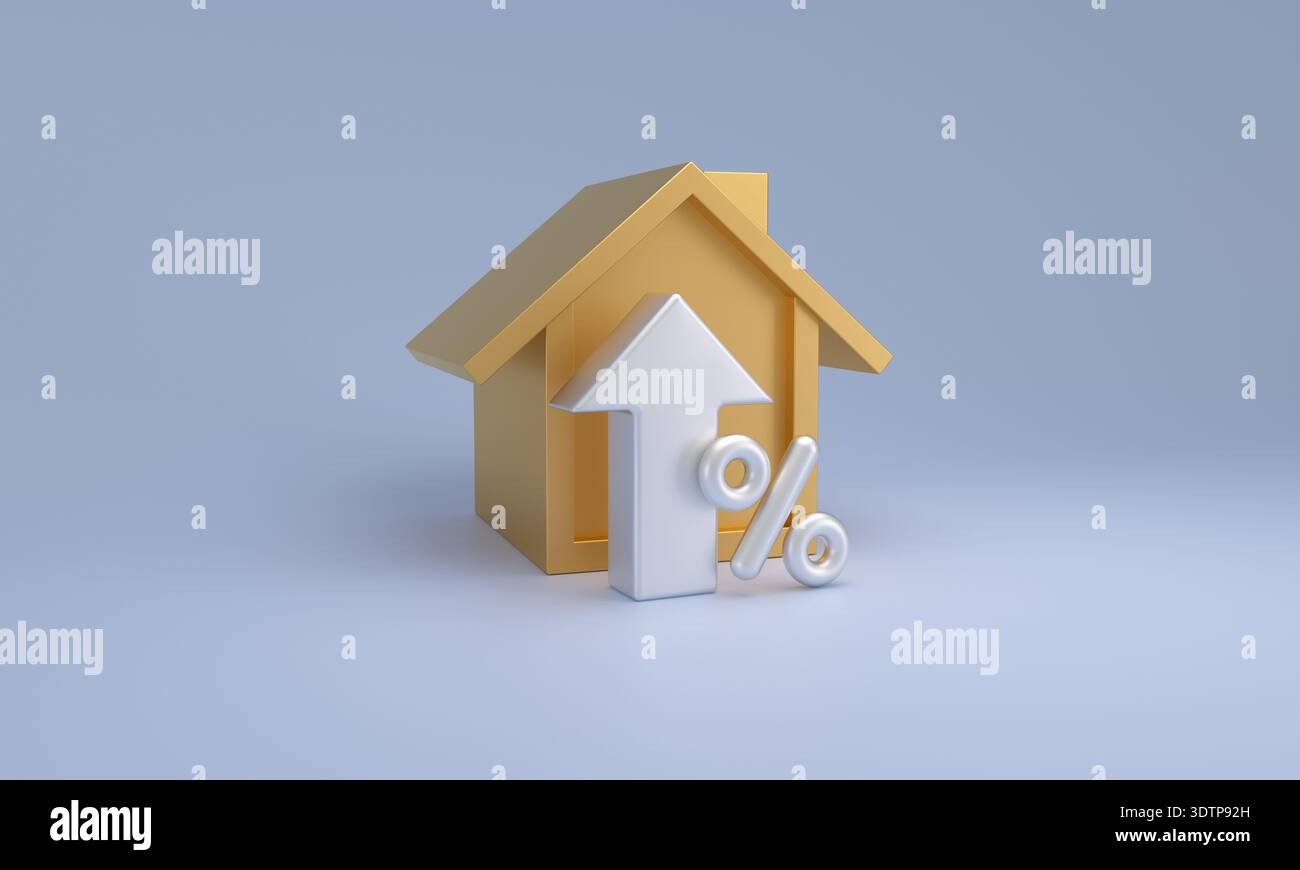 Modello della casa d'oro che mostra un tasso percentuale in aumento, che rappresenta la crescita del mercato immobiliare, gli investimenti immobiliari e gli interessi sui mutui Foto Stock