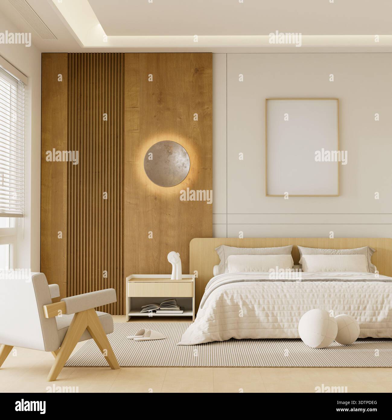 Interni eleganti e tranquilli con elementi in legno naturale e un comodo letto, perfetti per dare risalto al design con una pulita immagine verticale Foto Stock