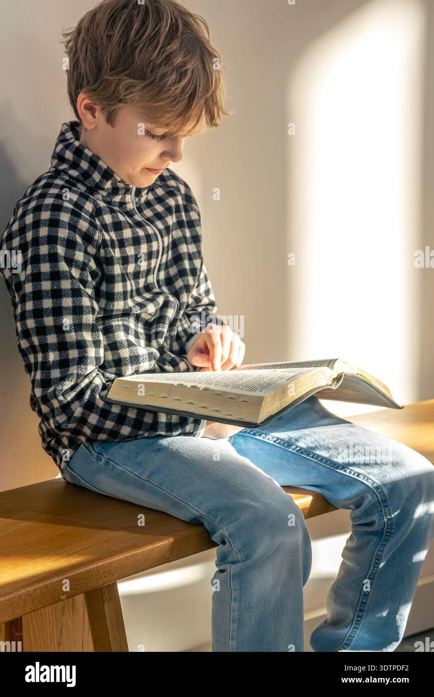 Il bambino sorride mentre legge la Bibbia al sole. Tranquilla gioia. Foto Stock