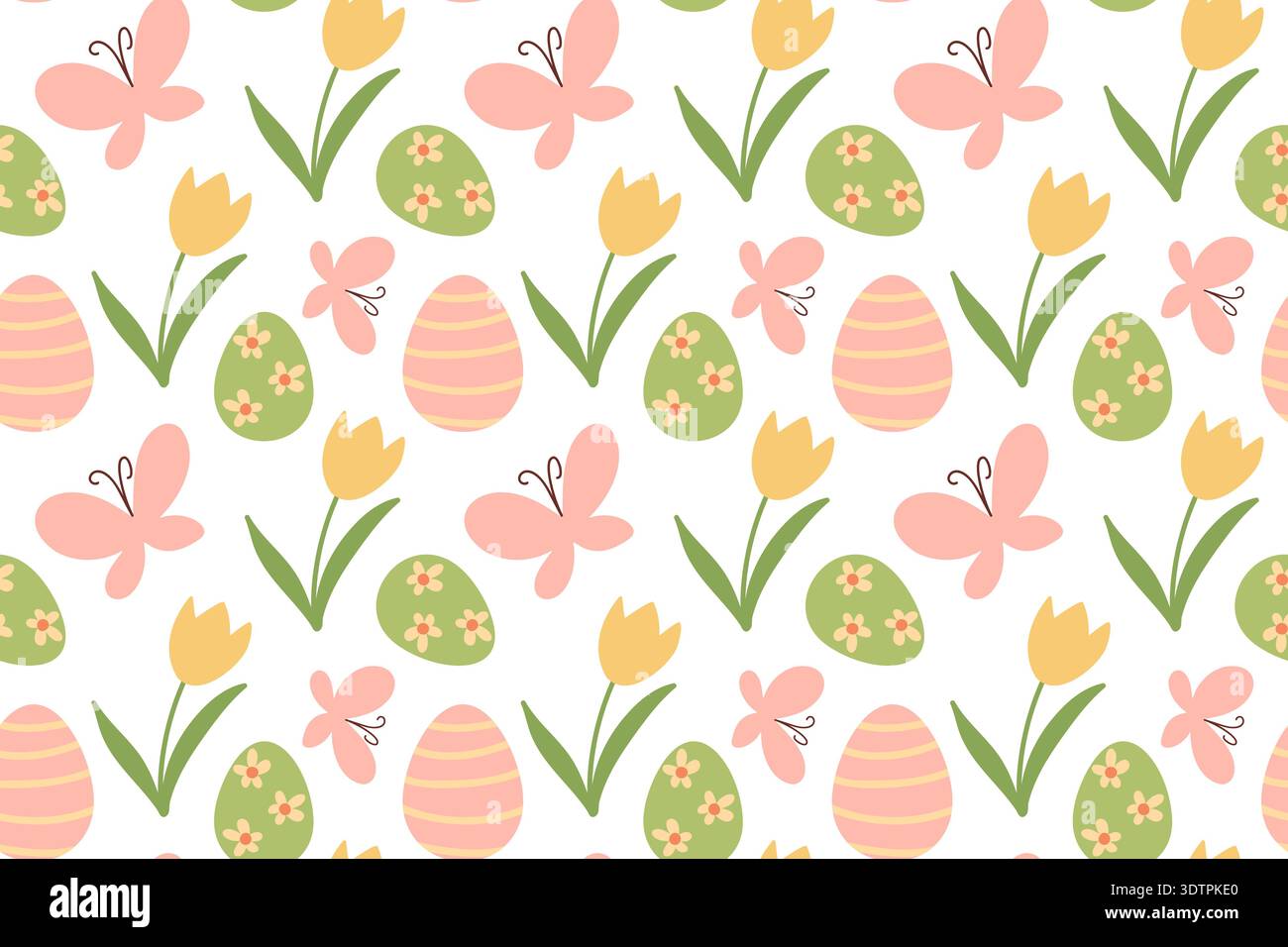 Motivo festivo senza cuciture con uova di Pasqua, fiori primaverili e farfalle. Illustrazione per bambini per biglietti d'auguri, tessuti, stampe e festività. Illustrazione Vettoriale