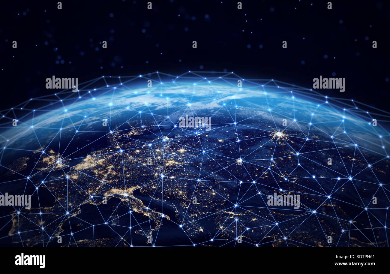 Pianeta Terra di notte con linee di rete brillanti che rappresentano la comunicazione globale, il trasferimento di dati e in tutto il mondo. Contiene elementi immagine della NASA. Foto Stock