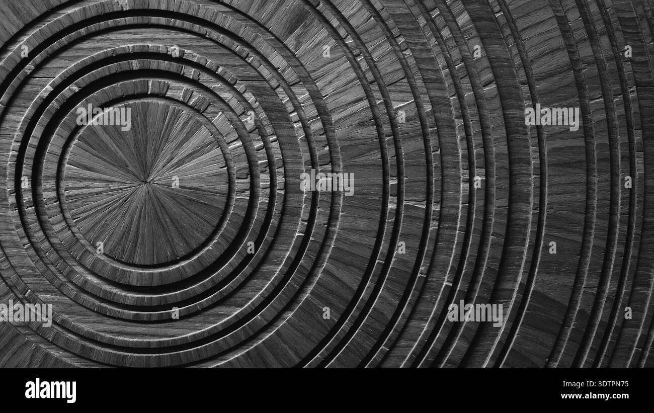 Cerchio di legno con motivo a spirale. i cerchi disposti in modo uniforme creano un senso di profondità e movimento. la venatura del legno è visibile, aggiungendo consistenza e carattere Foto Stock