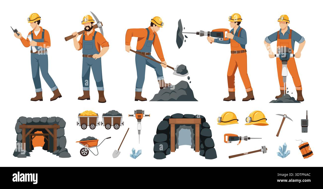 Minatori ed elementi. I lavoratori delle miniere di cartoni animati hanno indossato tute e elmetti con lanterne, carbone e oro in carri, grotta, rottura della roccia, tunnel Illustrazione Vettoriale