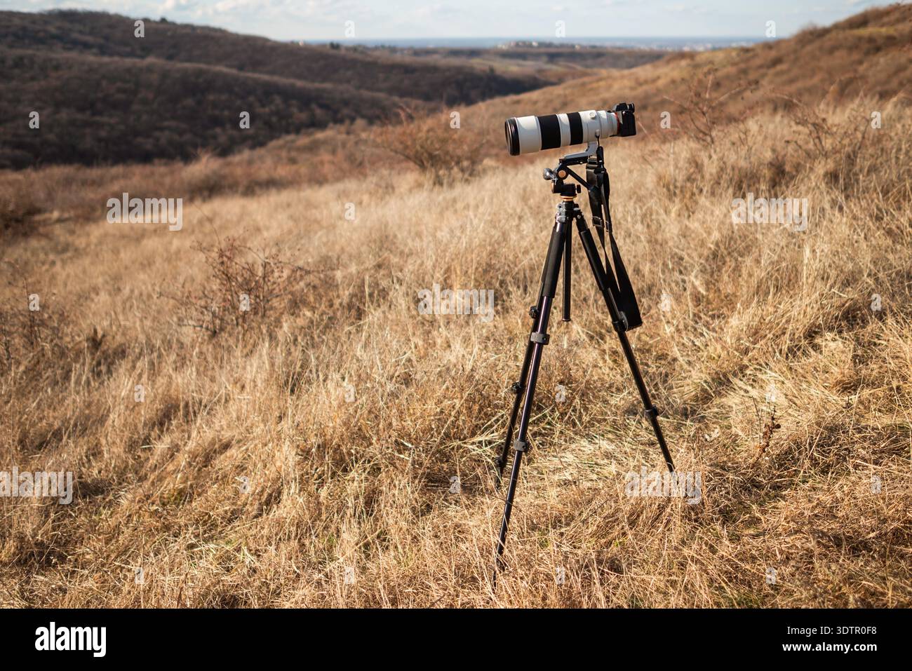 Fotocamera digitale con teleobiettivo di grandi dimensioni posizionato su treppiede in un paesaggio di erba asciutta sulla montagna. Foto Stock