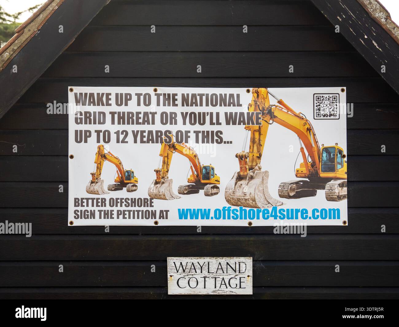 Uno striscione per la campagna a Walberswick, sulla costa del Suffolk, nel Regno Unito. Foto Stock