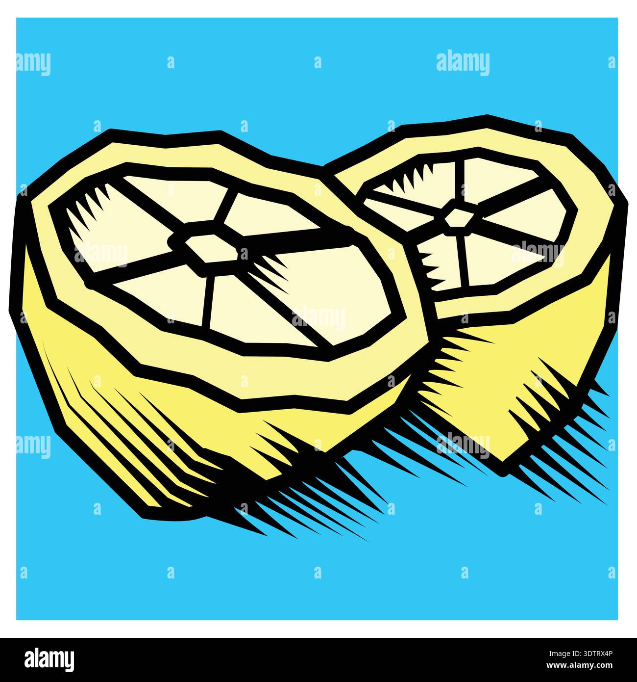 Illustrazione vettoriale piatta con taglio a legno di frutta a fette con contorni neri spessi su uno sfondo blu vivace, ideale per cibi freschi, estate e Illustrazione Vettoriale