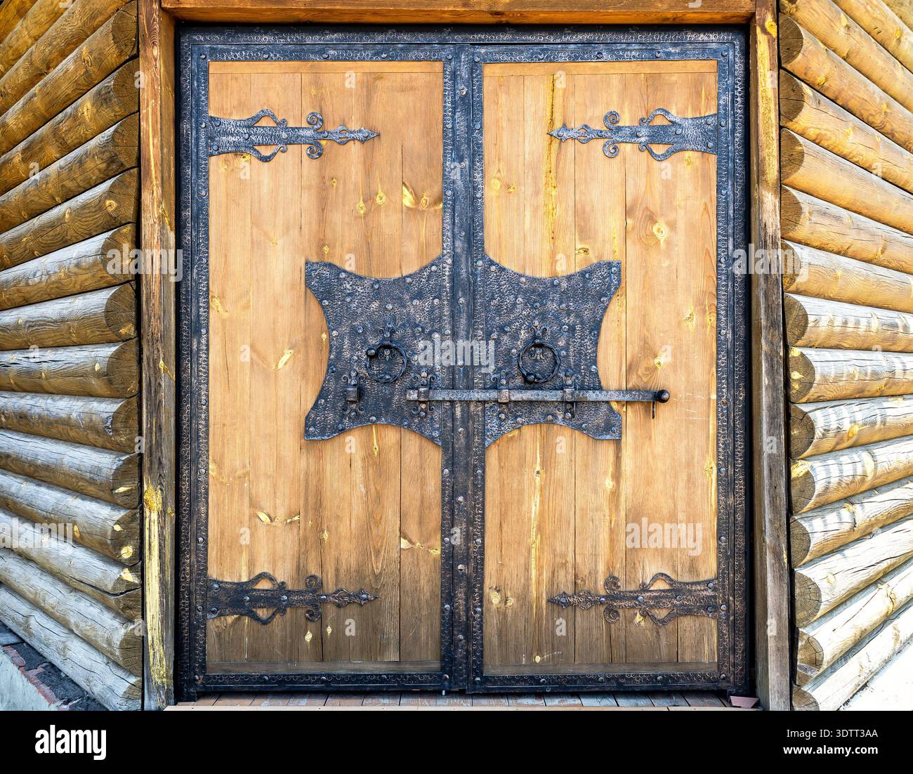 Cancello in legno con cerniere in metallo massiccio forgiato. Elementi in ferro battuto sulla porta in legno Foto Stock