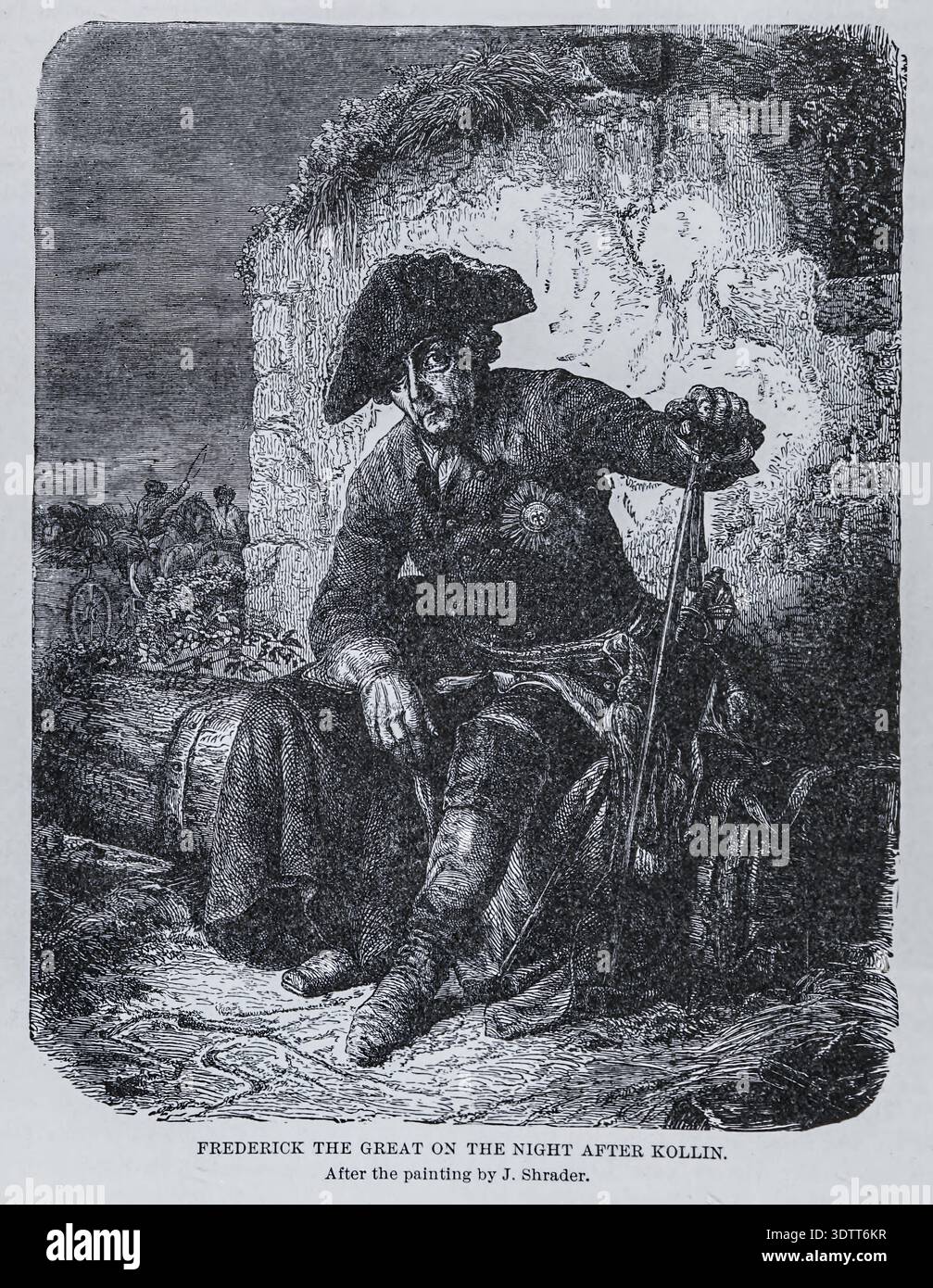 Federico II, re di Prussia, riflettendo profondamente sulla notte dopo la sconfitta decisiva nella battaglia di Kolin. Volume 14, della storia universale di Ridpath 1897 Foto Stock