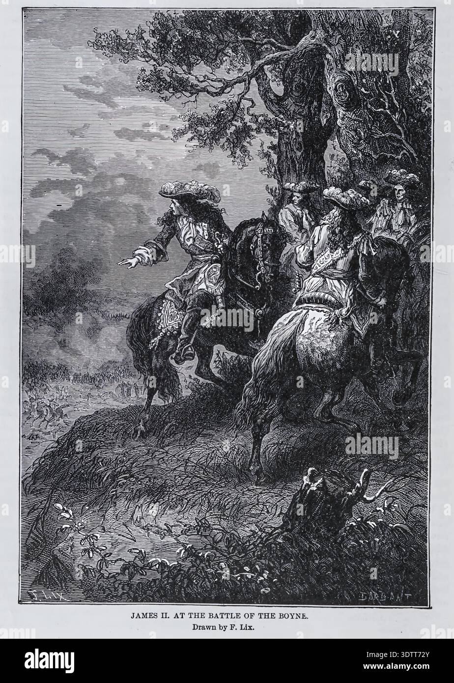 Re Giacomo II d'Inghilterra a cavallo, guardando la battaglia del Boyne con i suoi ufficiali. Illustrazione storica. Volume 14, della storia universale di Ridpath 1897 Foto Stock