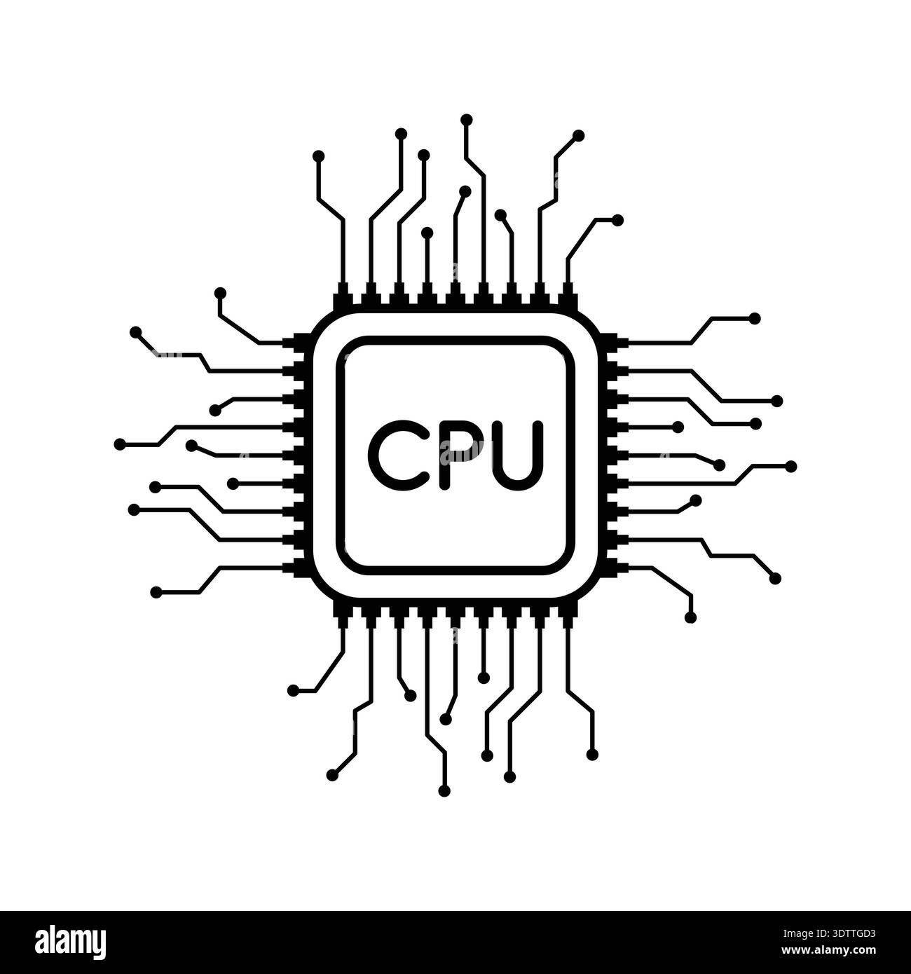 Vettore dell'icona della linea microchip pulito e moderno con il simbolo dell'unità di elaborazione centrale della CPU. Illustrazione del chip del processore minimo per computer, ideale Illustrazione Vettoriale