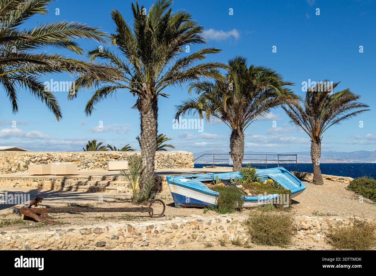 Vecchia barca da pesca usata come piantagione sull'isola di Tabarca vicino ad Alicante con palme e vista mare. Foto Stock