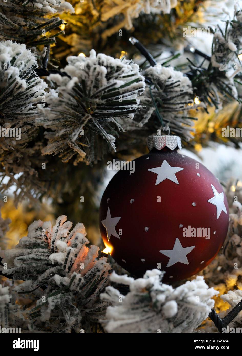 Albero di Natale coperto di neve decorato con palle e luce natalizia. Natale e festività. Foto Stock
