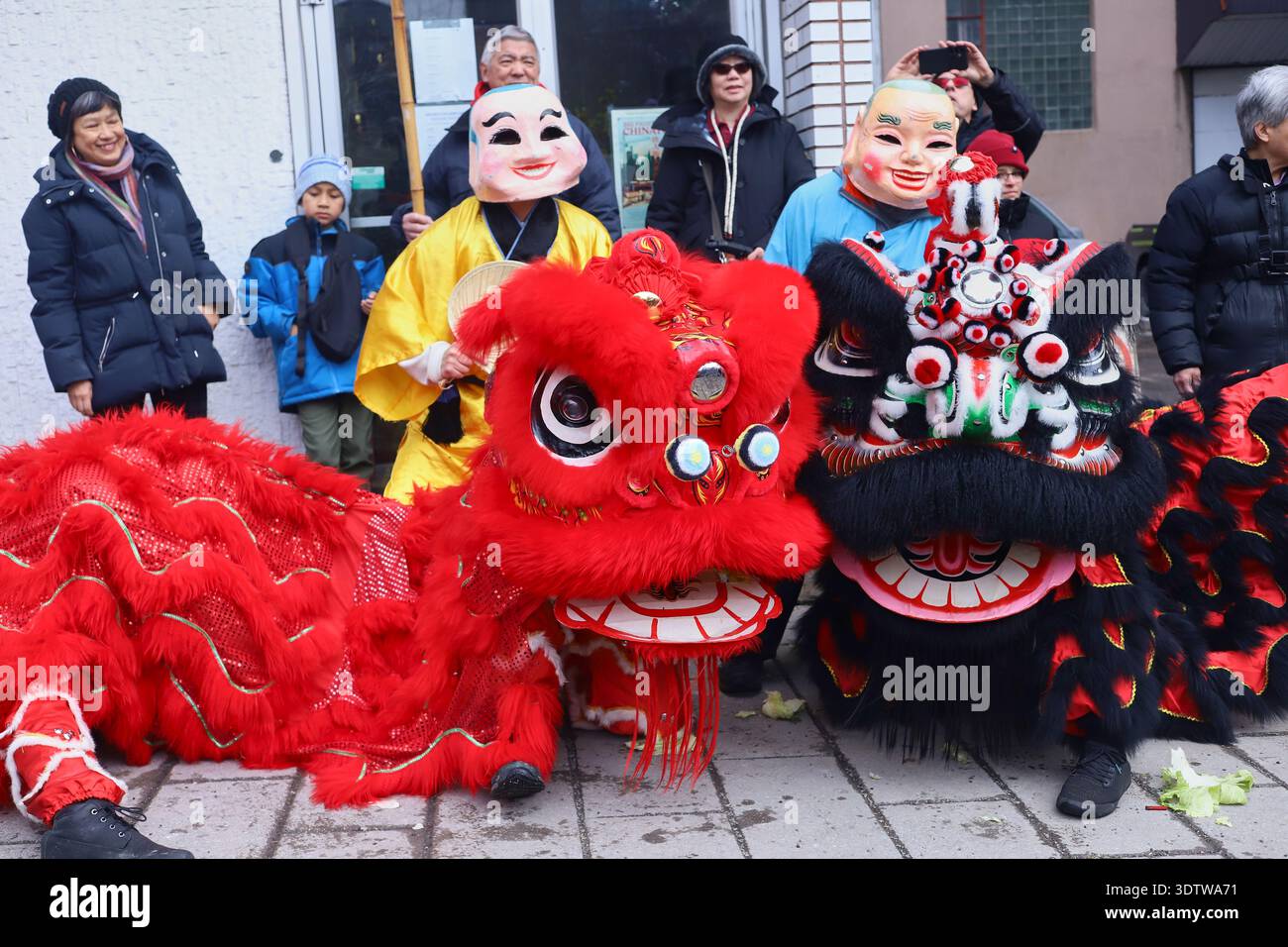 Montreal, Canada. 22 febbraio 2026. La comunità di immigrati cinesi a Montreal esegue la danza del leone e la benedizione delle imprese situate a Chinatown durante la fine delle celebrazioni per l'arrivo del Capodanno cinese 2026 corrispondente a Fire Horse. Il 22 febbraio 2026 a Montreal, Canada. (Foto di Horacio Zamora/ credito: Eyepix Group/Alamy Live News Foto Stock