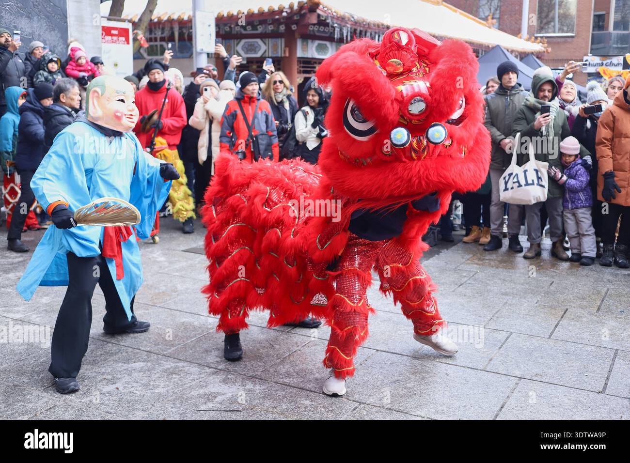 Montreal, Canada. 22 febbraio 2026. La comunità di immigrati cinesi a Montreal esegue la danza del leone e la benedizione delle imprese situate a Chinatown durante la fine delle celebrazioni per l'arrivo del Capodanno cinese 2026 corrispondente a Fire Horse. Il 22 febbraio 2026 a Montreal, Canada. (Foto di Horacio Zamora/ credito: Eyepix Group/Alamy Live News Foto Stock