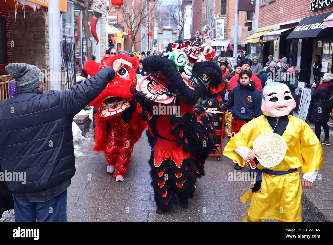 La comunità di immigrati cinesi a Montreal esegue la danza del leone e la benedizione delle imprese situate a Chinatown durante la fine delle celebrazioni per l'arrivo del Capodanno cinese 2026 corrispondente a Fire Horse. Il 22 febbraio 2026 a Montreal, Canada. (Immagine di credito: © Horacio Zamora/eyepix via ZUMA Press Wire) SOLO PER USO EDITORIALE! Non per USO commerciale! Foto Stock