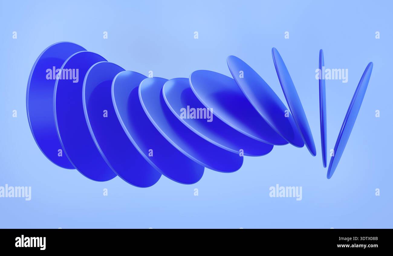 Immagine astratta con cerchi blu sovrapposti che creano un senso di movimento e ritardo. Lo sfondo gradiente aggiunge profondità, migliorando il flusso dinamico Foto Stock