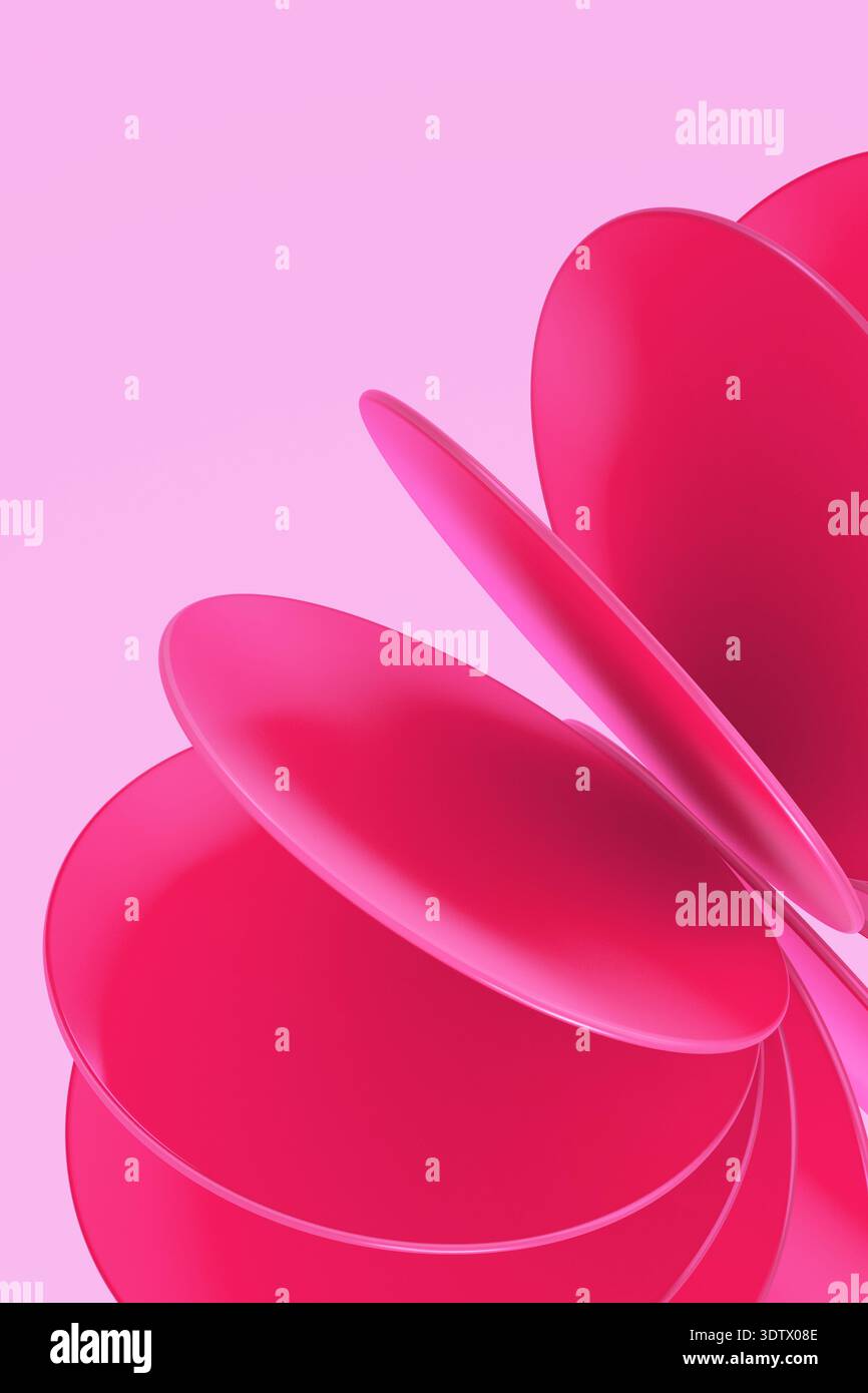 Immagine astratta con forme circolari rosa sovrapposte che creano un senso dinamico di movimento e profondità. I colori vivaci e le superfici lisce migliorano Foto Stock