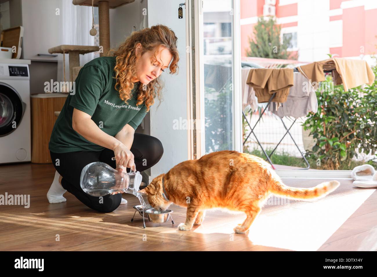 Una donna è vista inginocchiarsi su un pavimento di legno all'interno della sua casa, versando acqua in un piatto per il suo gatto di zenzero. La scena cattura un interno accogliente e illuminato dal sole. Foto Stock