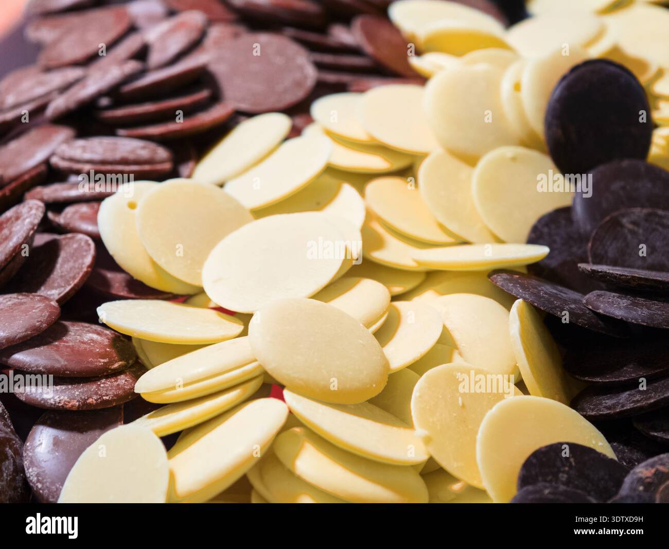 Delizioso assortimento di dischi di cioccolato che mostrano colori e consistenze ricchi in un vivace display dolciario Foto Stock