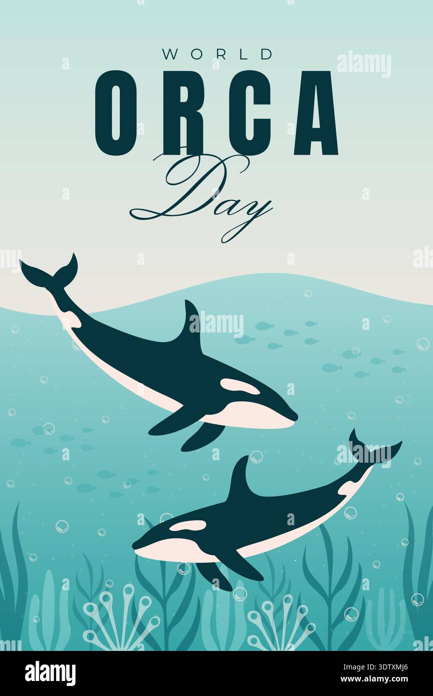 Poster del World Orca Day con le orche assassine nell'illustrazione dei vettori d'acqua dell'oceano. Illustrazione Vettoriale
