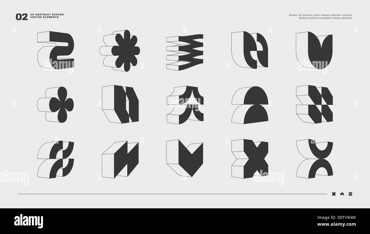 Set di forme geometriche astratte 3D ed elementi vettoriali moderni. Perfetto per branding futuristico, design UI/UX, layout di poster e progetti grafici contemporanei. Grafica vettoriale EPS10. Illustrazione Vettoriale