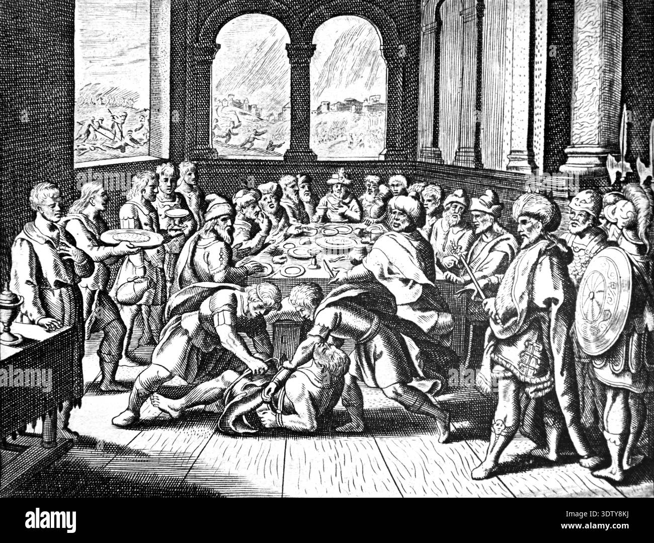 Parabola della festa nuziale in un matrimonio ebraico nell'antica Israele. Illustrazione d'epoca, storica, storica o incisione in legno dalla Bibbia francese 1687. Foto Stock