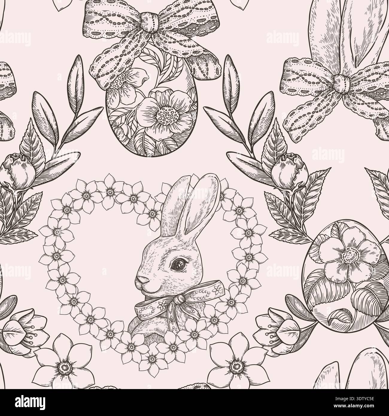 Motivo senza cuciture con simpatico sfondo pasquale di coniglio. Griglia vettoriale disegnata a mano in stile vintage. Stampa artistica con contorno floreale ideale per la carta da parati. Perfetto per tessuti e carta per le vacanze. Illustrazione Vettoriale