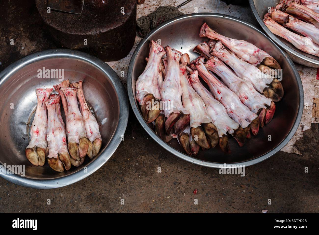 Le ciotole di metallo piene di trottole di animali crudi si trovano a terra accanto a un blocco di legno presso una macelleria nella vecchia Delhi. Foto Stock