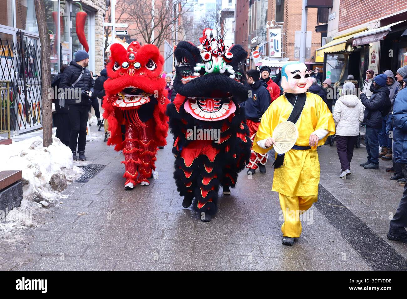 Festa del cavallo del fuoco del capodanno cinese a Montreal la comunità di immigrati cinesi a Montreal esegue la danza del leone e la benedizione delle aziende situate a Chinatown durante la fine delle celebrazioni per l'arrivo del Capodanno cinese 2026 corrispondente a Fire Horse. Il 22 febbraio 2026 a Montreal, Canada. Montreal Quebec Canada Copyright: XHoracioxZamorax Foto Stock