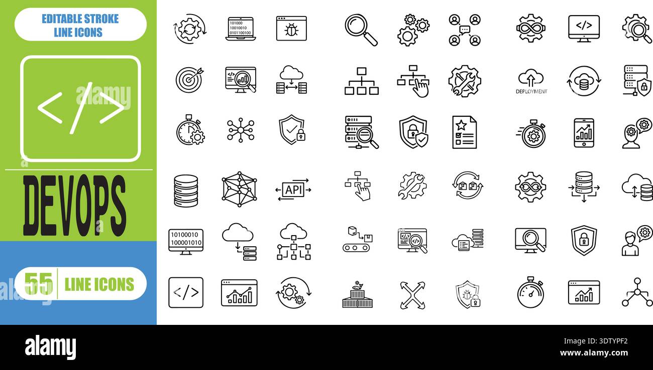 La metodologia DevOps e il concetto di sviluppo del software le icone di contorno del tratto modificabili sono impostate su un'illustrazione vettoriale piatta su sfondo bianco. Pixel per Illustrazione Vettoriale