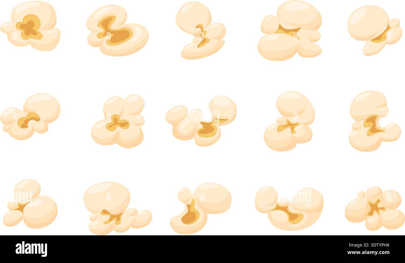 Grani di popcorn cartoni animati. Spuntino al cinema, popcorn al nocciolo per guardare la tv a casa o al cinema. Spuntini dolci e salati per divertirsi, da oggi Illustrazione Vettoriale