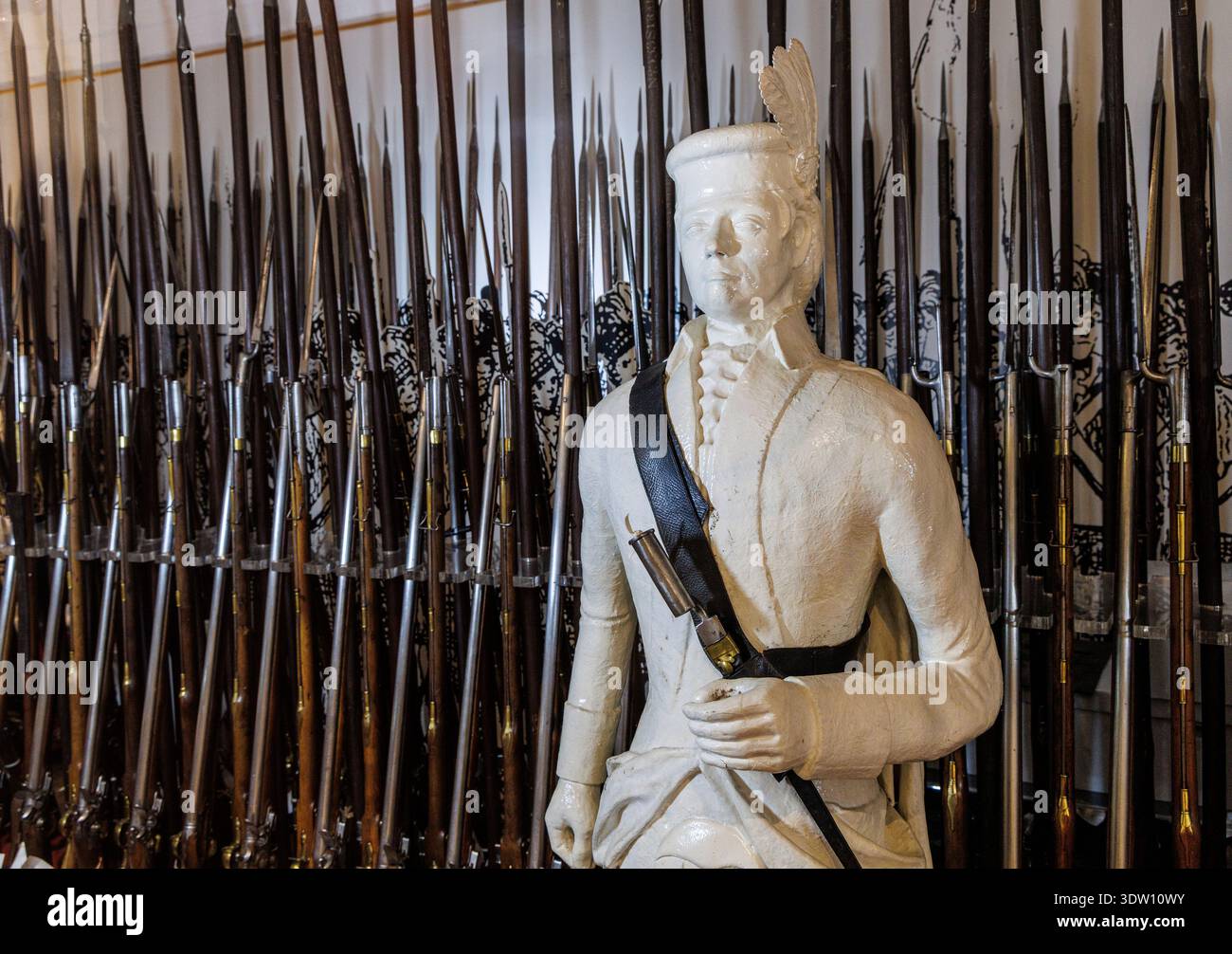 Museo modello di soldato con fucili per l'esercito durante le guerre napoleoniche e della Rivoluzione francese, Fort George, fortezza del XVIII secolo vicino ad Ardersier, High Foto Stock