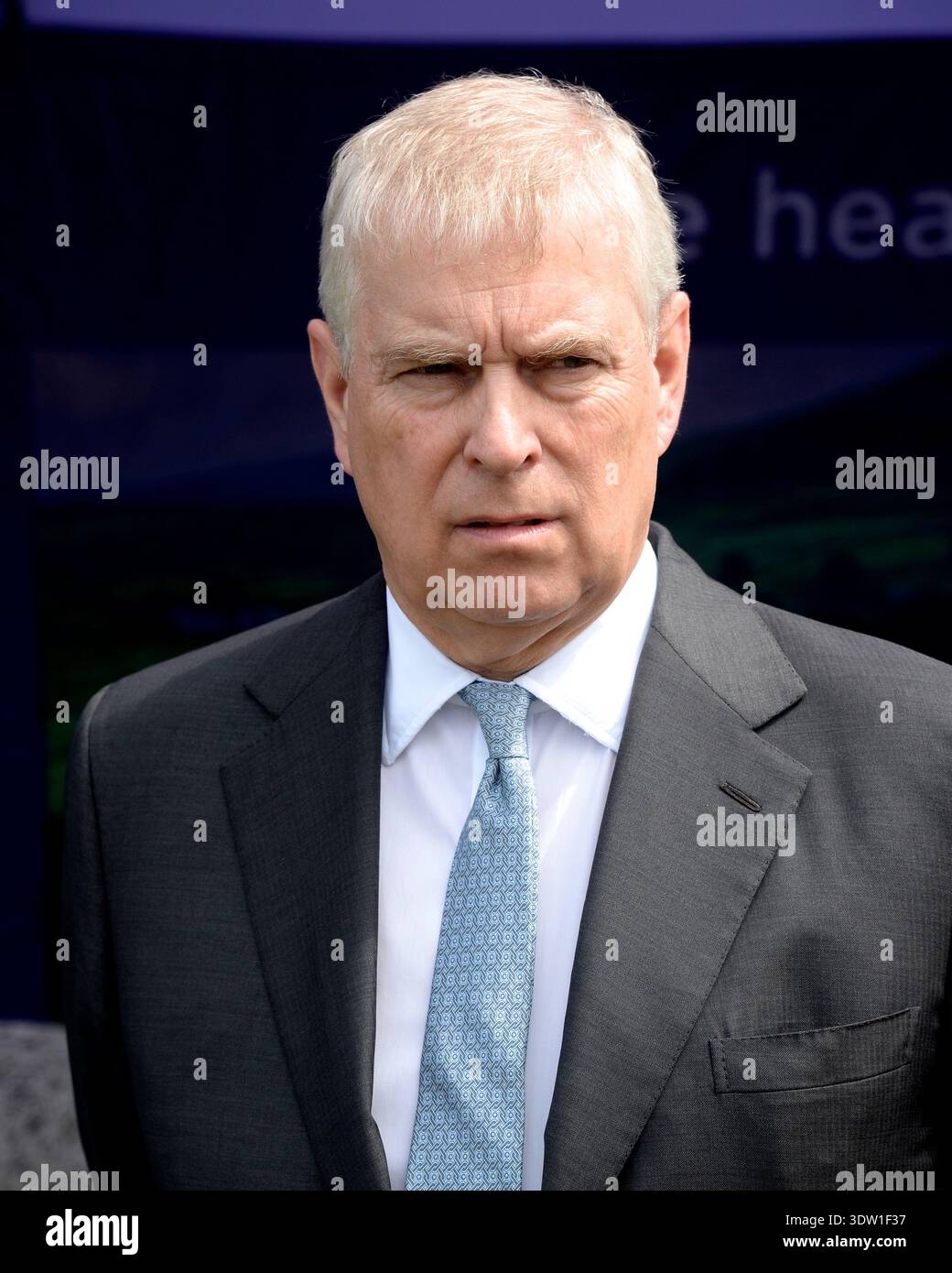 Principe Andrew, Andrew Mountbatten Windsor, visita reale al Great Yorkshire Show 2019. Varie espressioni facciali. Amico di Jeffrey Epstein. Foto Stock