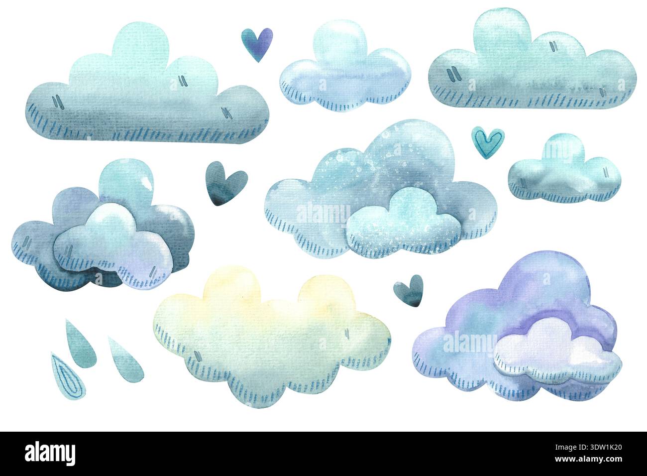 Set di nuvole di acquerelli disegnate a mano. Illustrazioni per bambini di cieli soffici con un tema meteorologico. Un cielo da sogno in uno stile semplice. Foto Stock