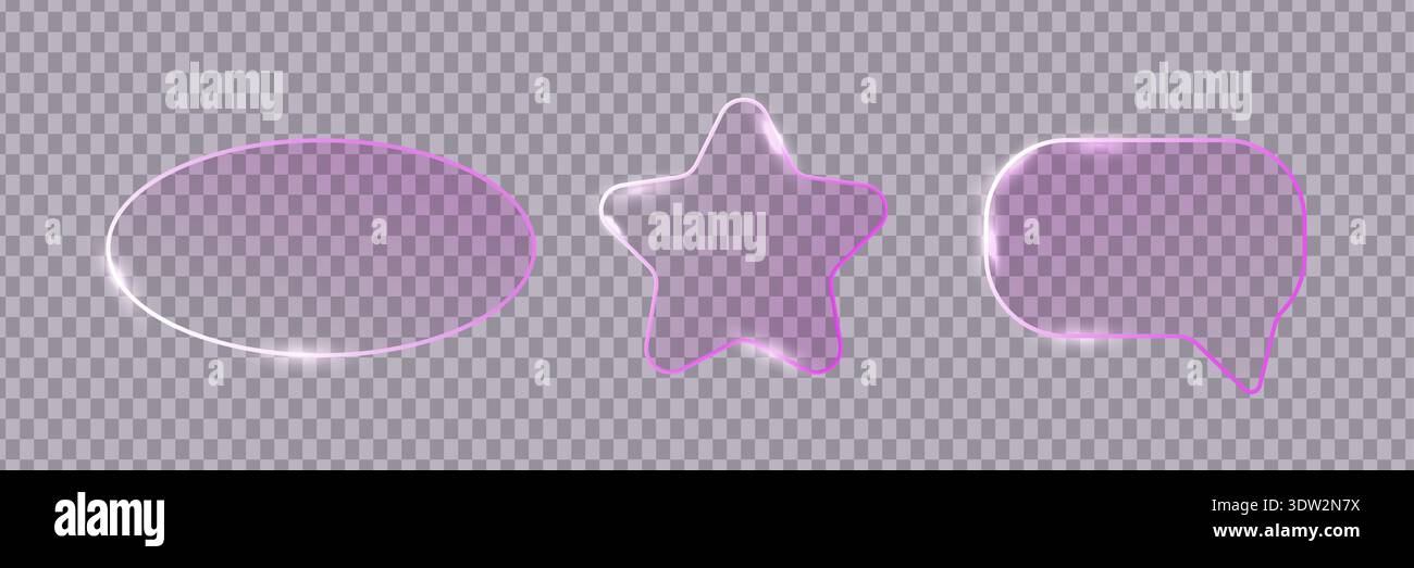 Telai in vetro. Futuristici elementi rosa brillanti effetto glassmorfismo trasparente. Set di cornici luminose al neon lucide vettoriali. Illustrazione Vettoriale
