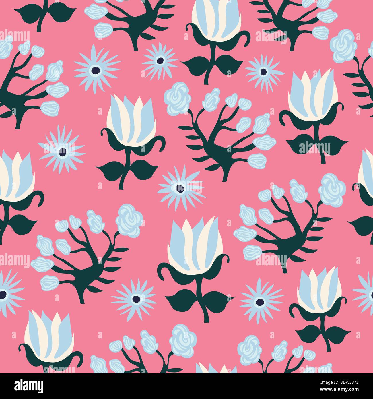 Pianta astratta di alberi con fiori blu rosa e fiori di vaniglia su un morbido sfondo rosa, disseminata di piccole rose blu, che creano un'atmosfera stravagante, Illustrazione Vettoriale