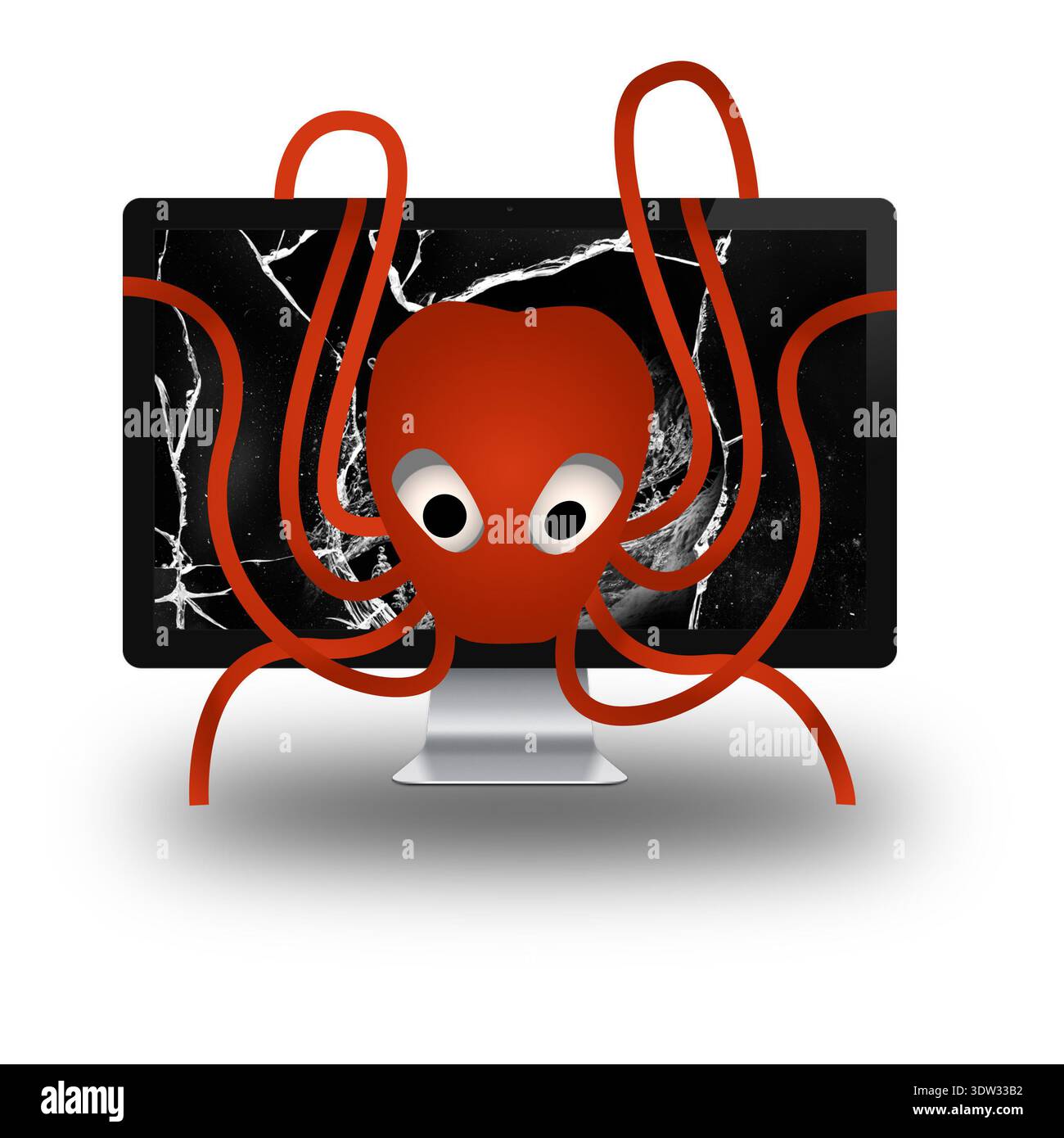 Icona rossa di Octopus malware sullo schermo del computer incrinato che rappresenta una minaccia di hacking e Cybersecurity Foto Stock
