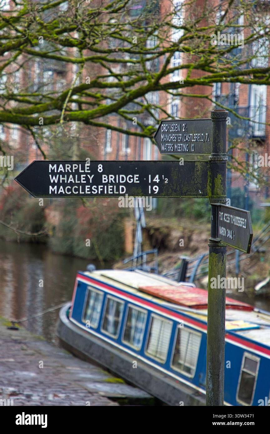 Insegna tradizionale del canale e barca a vela, Ashton Canal, Portland Basin, Tameside, Regno Unito. Foto Stock