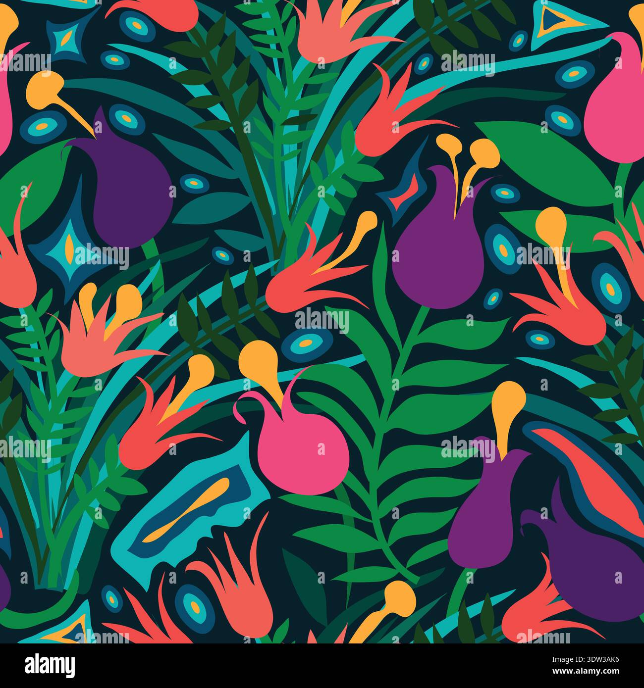Erba, tulipani rossi e tulipani viola sparsi in giardino o prato senza cuciture. Erba verde con fiori colorati senza cuciture. Illustrazione Vettoriale