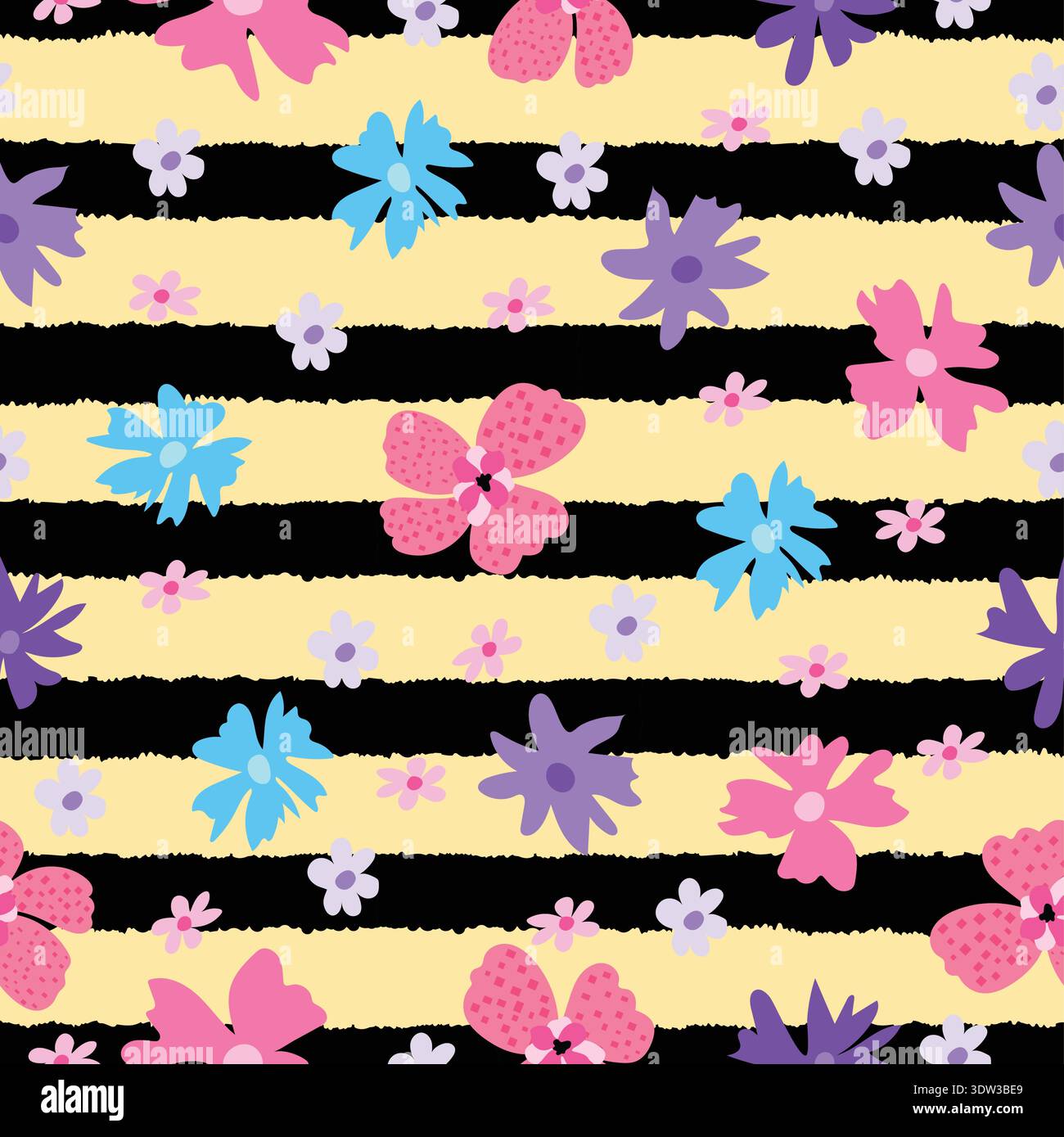 Sfondo giallo motivo a strisce astratte con linee nere decostruite, grandi fiori rosa, blu, viola, piccoli fiori sparsi, e tonalità pastello. Illustrazione Vettoriale