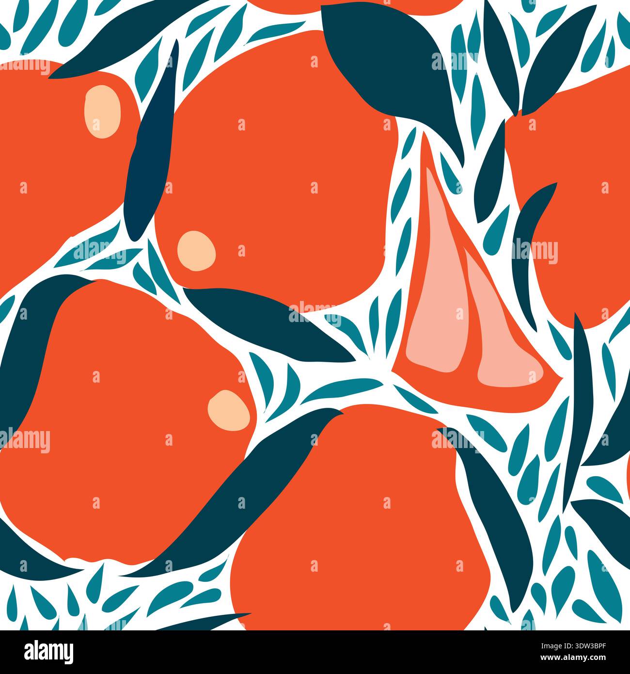 Moderno motivo astratto senza cuciture con arance stilizzate con foglie blu e finissime texture a foglia. Design fruttato audace e artistico, ideale per il tessuto. Illustrazione Vettoriale
