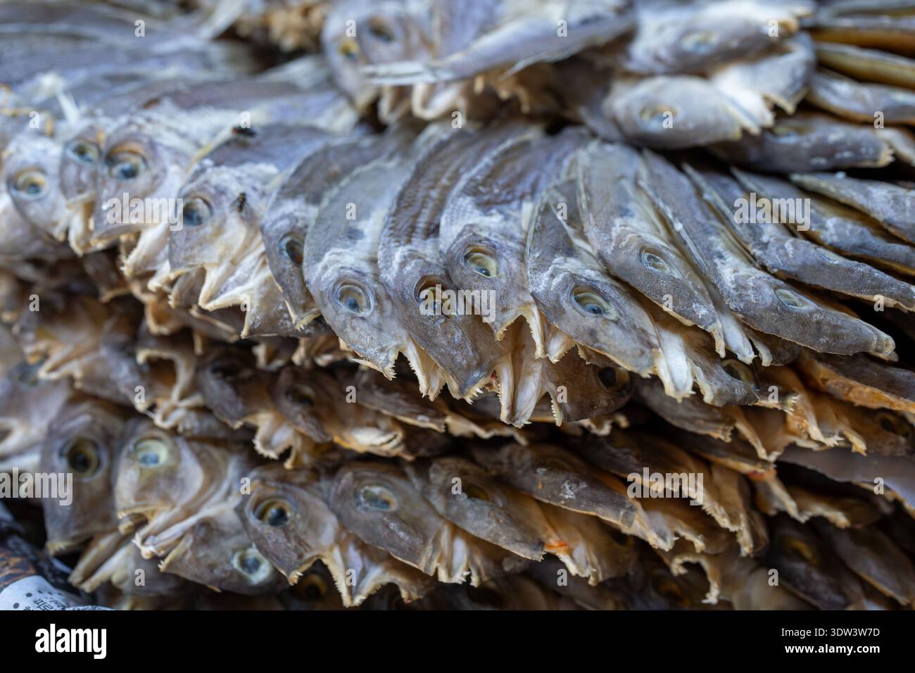 Disposizione in esposizione del pesce essiccato in vendita al mercato pubblico di Taboan, Cebu City, Filippine Foto Stock