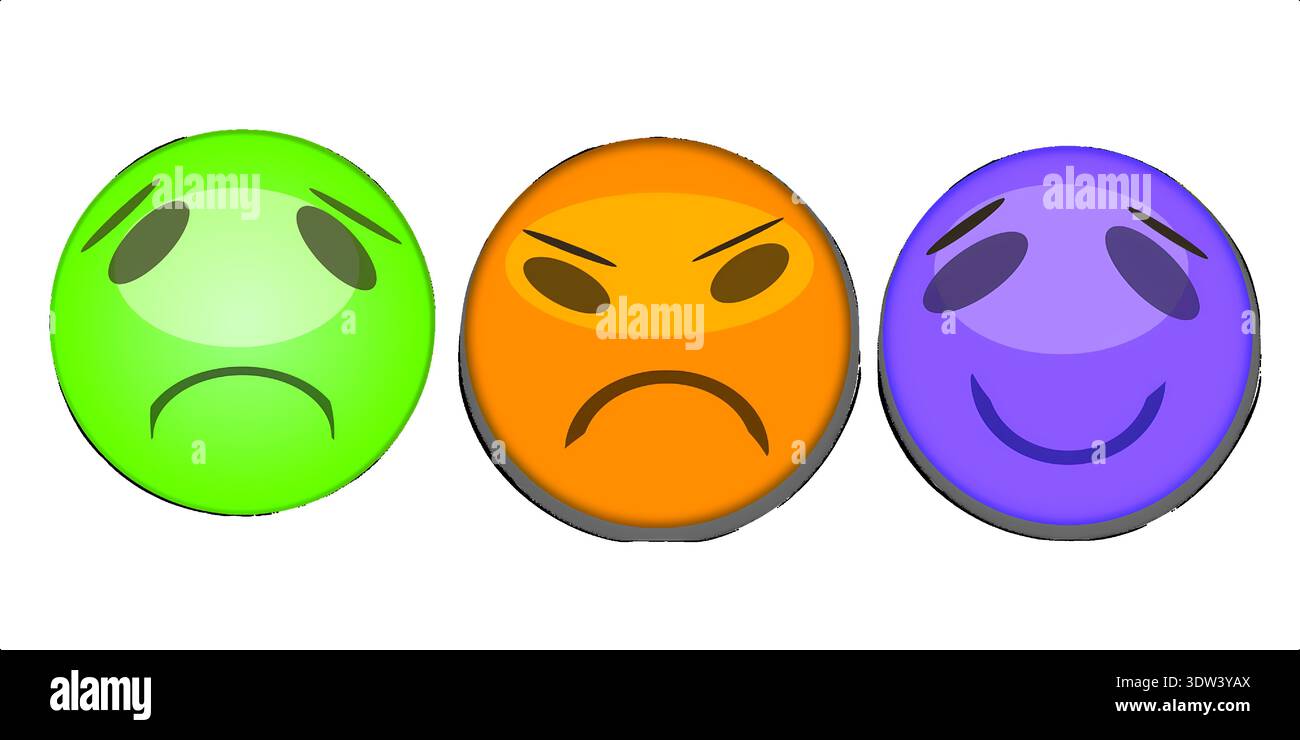 Tre colorate Sphere Emojis che mostrano volti tristi arrabbiati e felici Illustrazione Vettoriale