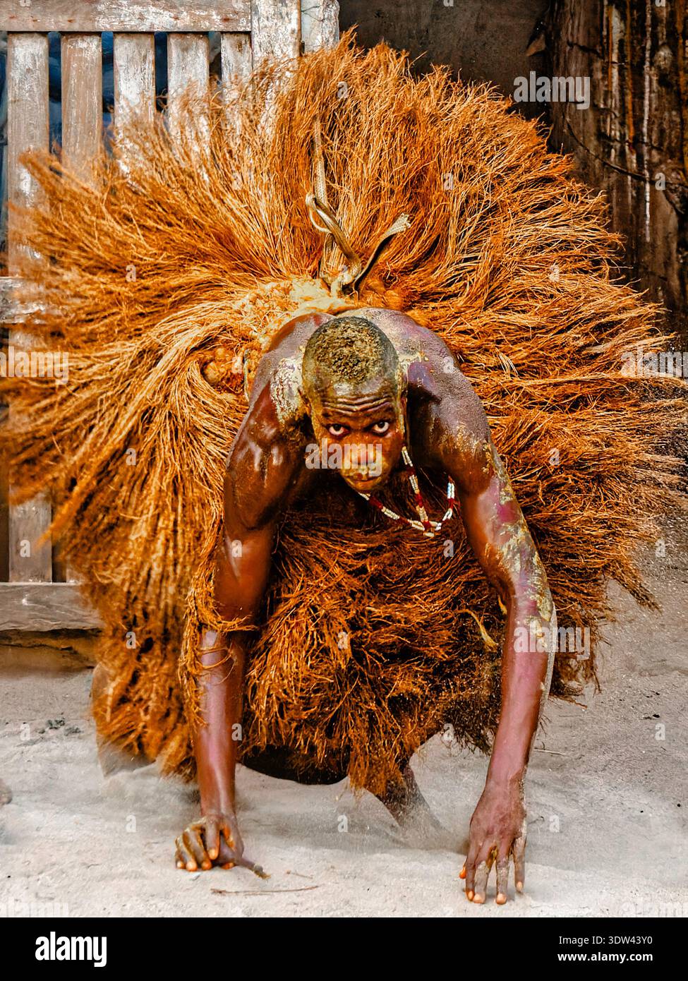 Un interprete in un vivace abbigliamento tradizionale partecipa a una danza culturale nel Benin. Foto Stock