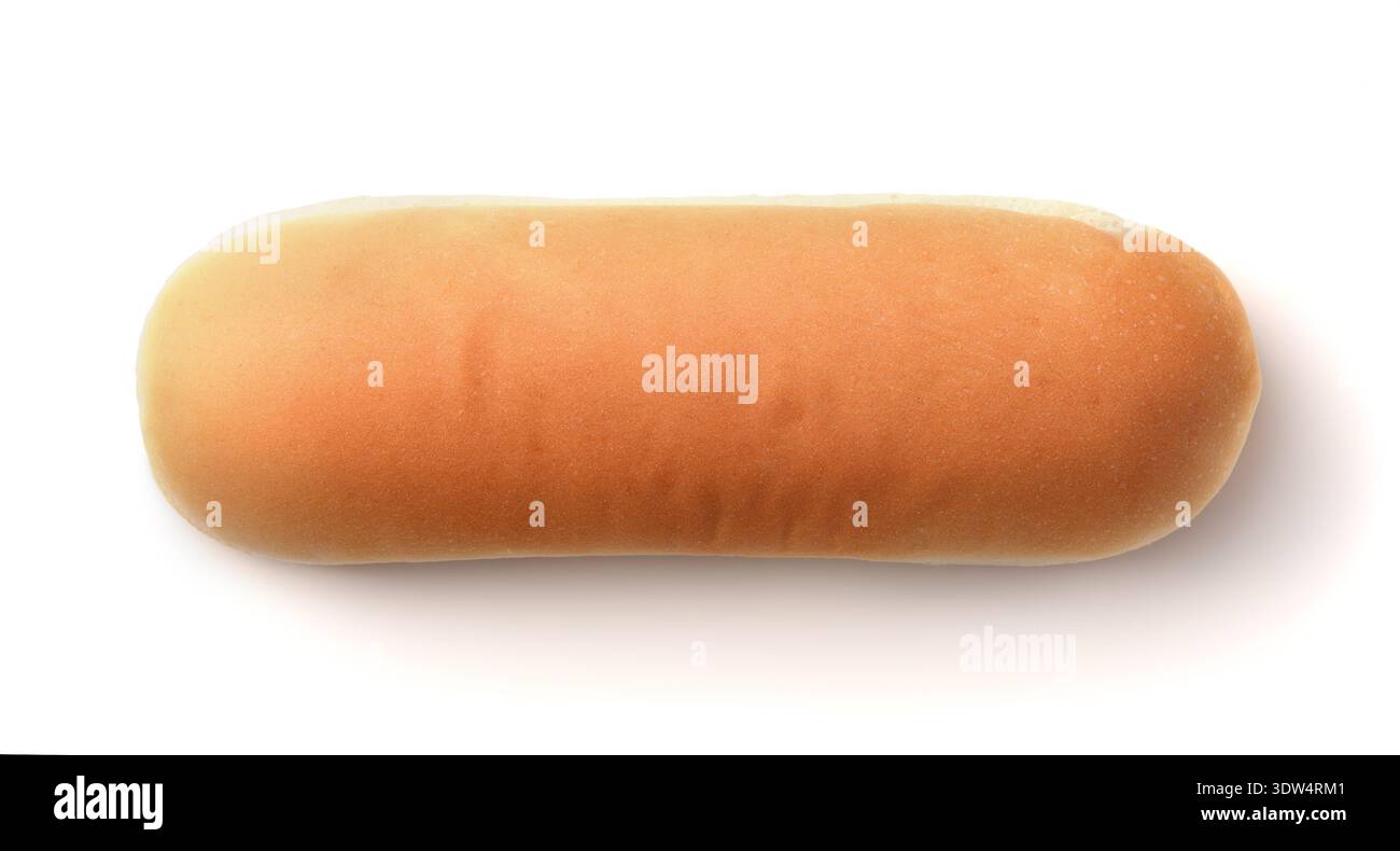 Vista dall'alto del panino hot dog appena sfornato isolato su bianco Foto Stock
