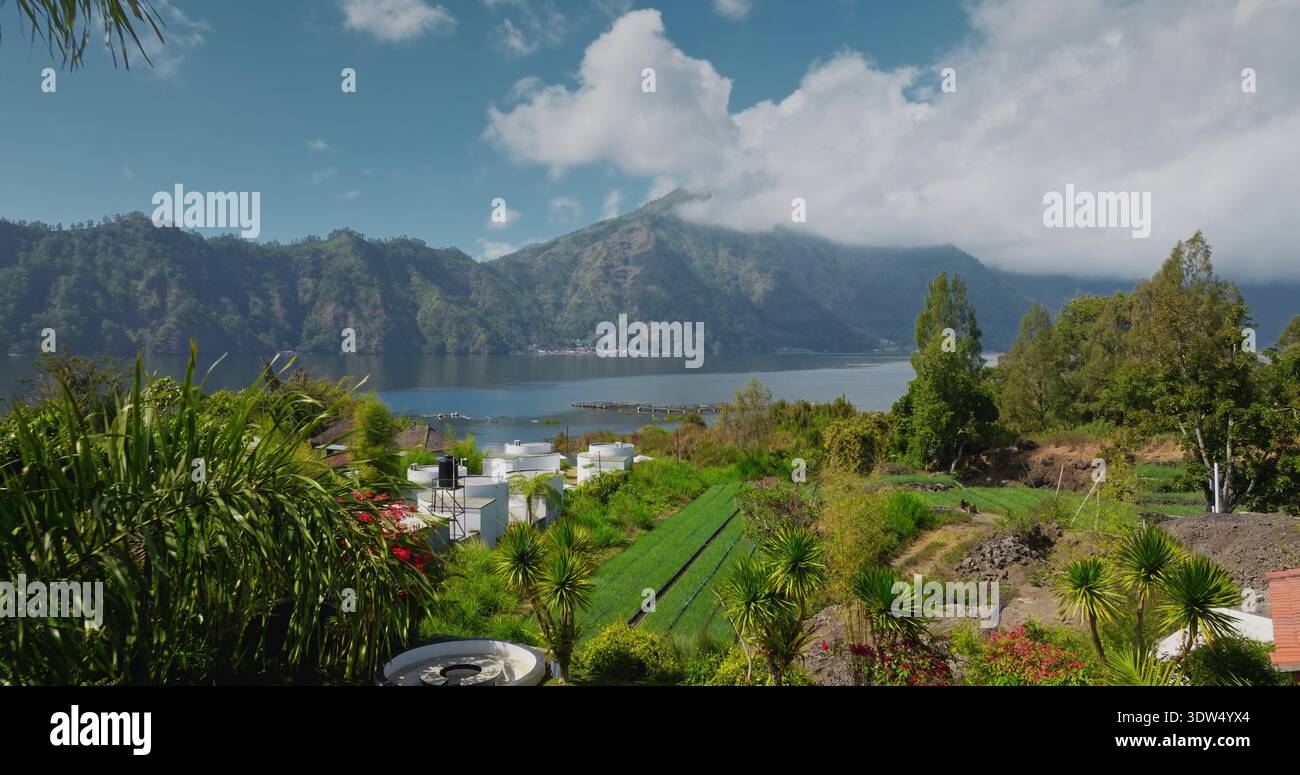Paesaggio naturale tropicale del lago Batur con il vulcano del monte Abang parzialmente coperto da nuvole, verdi colline, terrazze agricole campi e palme sotto un cielo azzurro. Riprese di volo con drone aereo Foto Stock