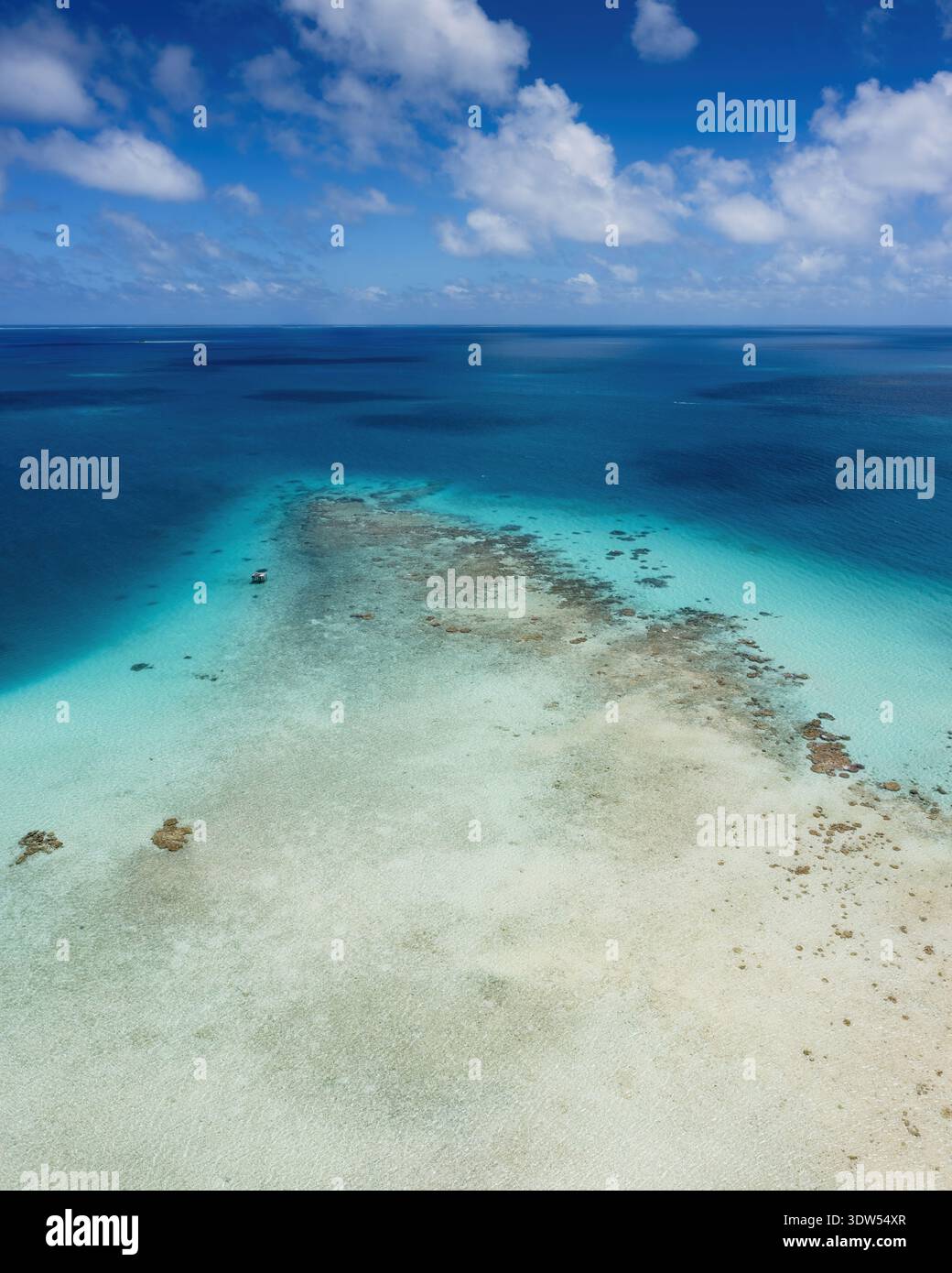Vista aerea di un tranquillo banco di sabbia baciato da acque turchesi, in contrasto con la distesa blu dell'oceano, Tikehau, Polinesia francese. Foto Stock