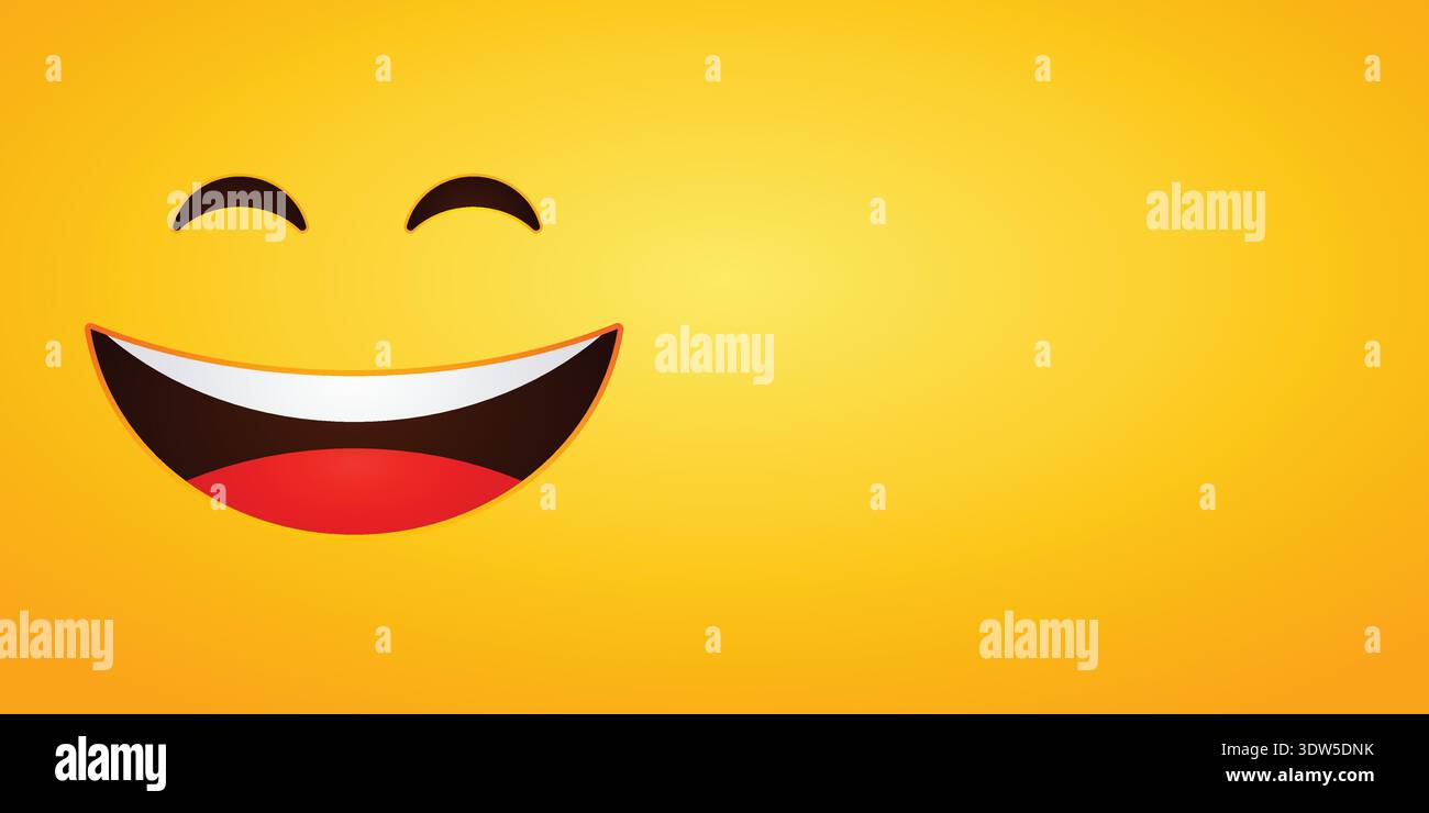 Piccolo volto emoji sorridente su sfondo giallo brillante, banner con ampio spazio per le copie, allegra emoticon cartoni animati che esprime gioia, positività e felicità Illustrazione Vettoriale