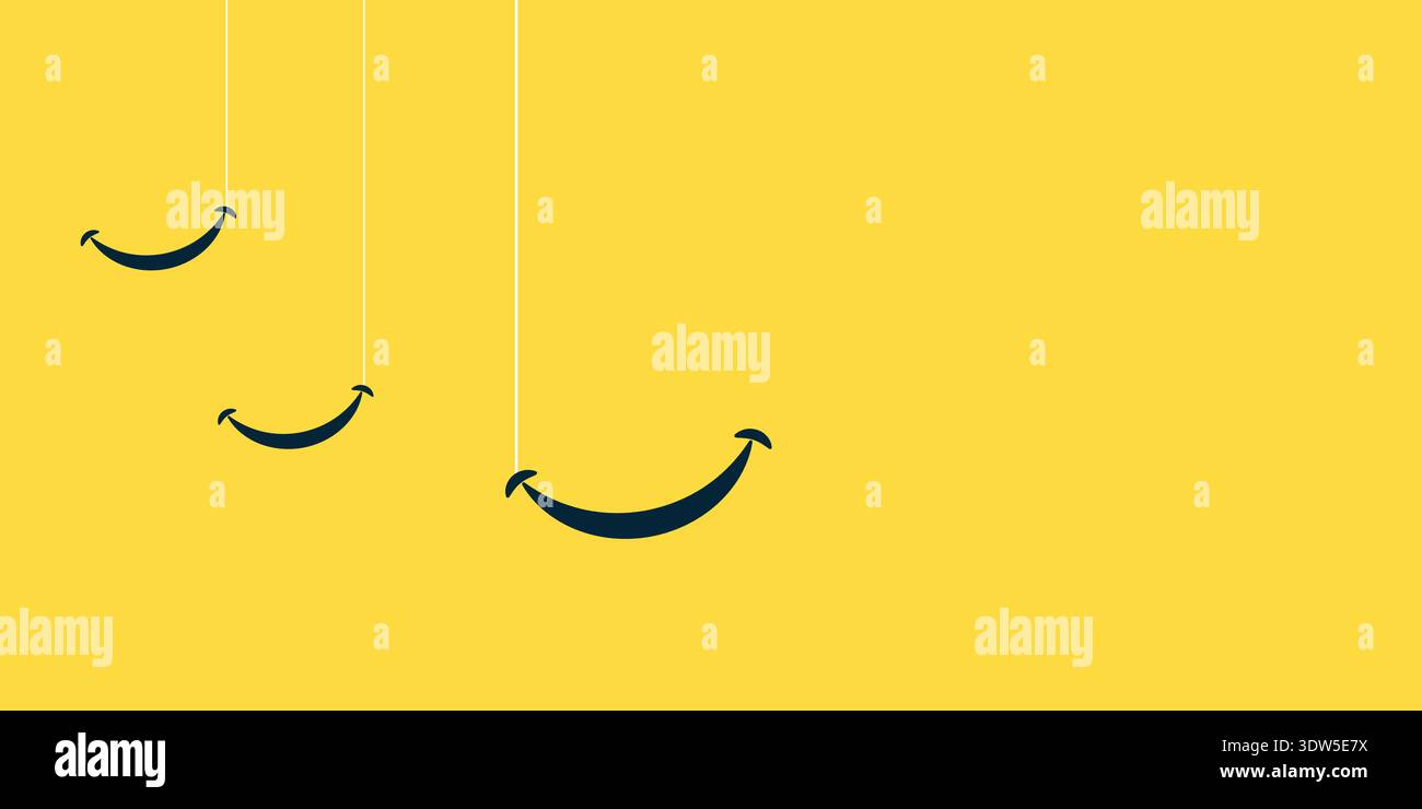 Design del World Smile Day con icone sorridenti su sfondo giallo brillante, allegra grafica celebrativa che promuove felicità e positività. Illustrazione Vettoriale