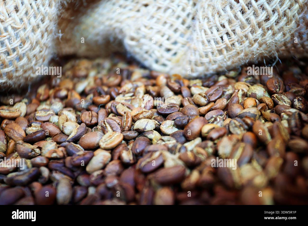 Chicchi di caffè tostati che fuoriescono dal sacco di bavaglio, foto macro in primo piano Foto Stock